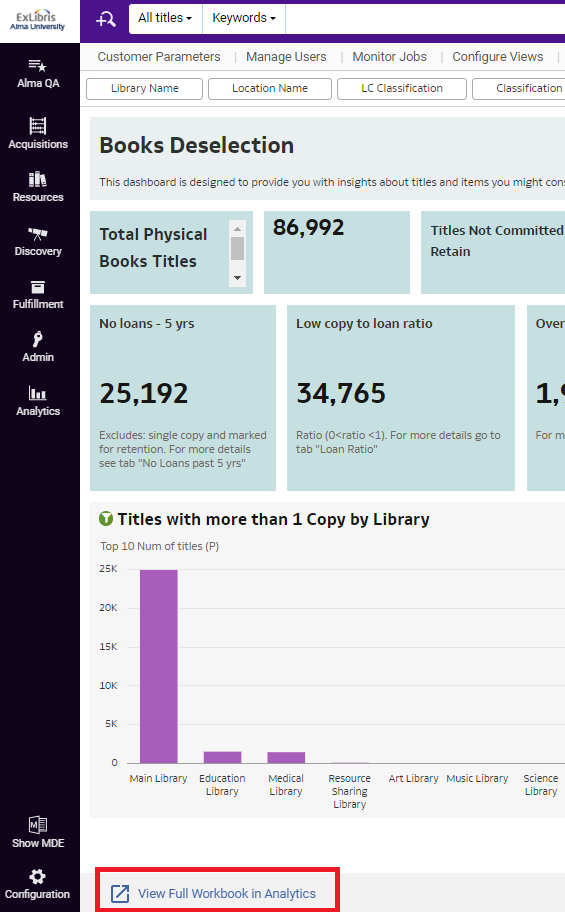 The View Full Workbook in Analytics link displayed at the bottom of the homepage.