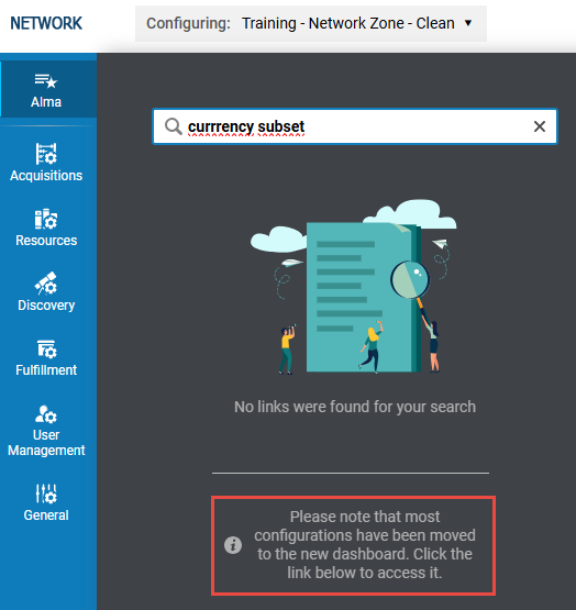 A link in the Alma UI to NZ Configuration Dashboard when there is a zero search result in an NZ environment