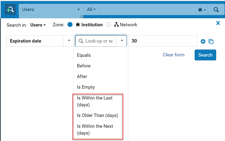 The date range options in the advanced search.