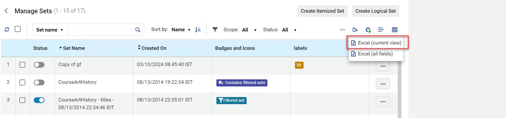 The current view option for export sets.