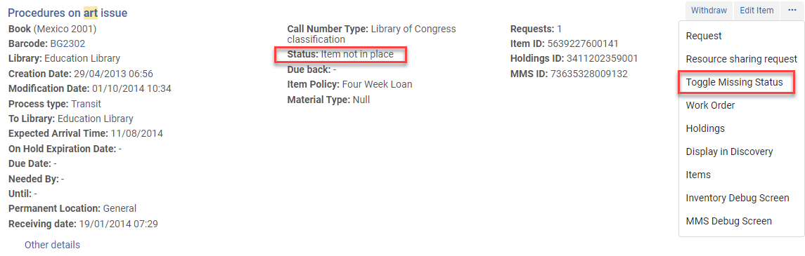 The Toggle Missing Status action for Item not in place.