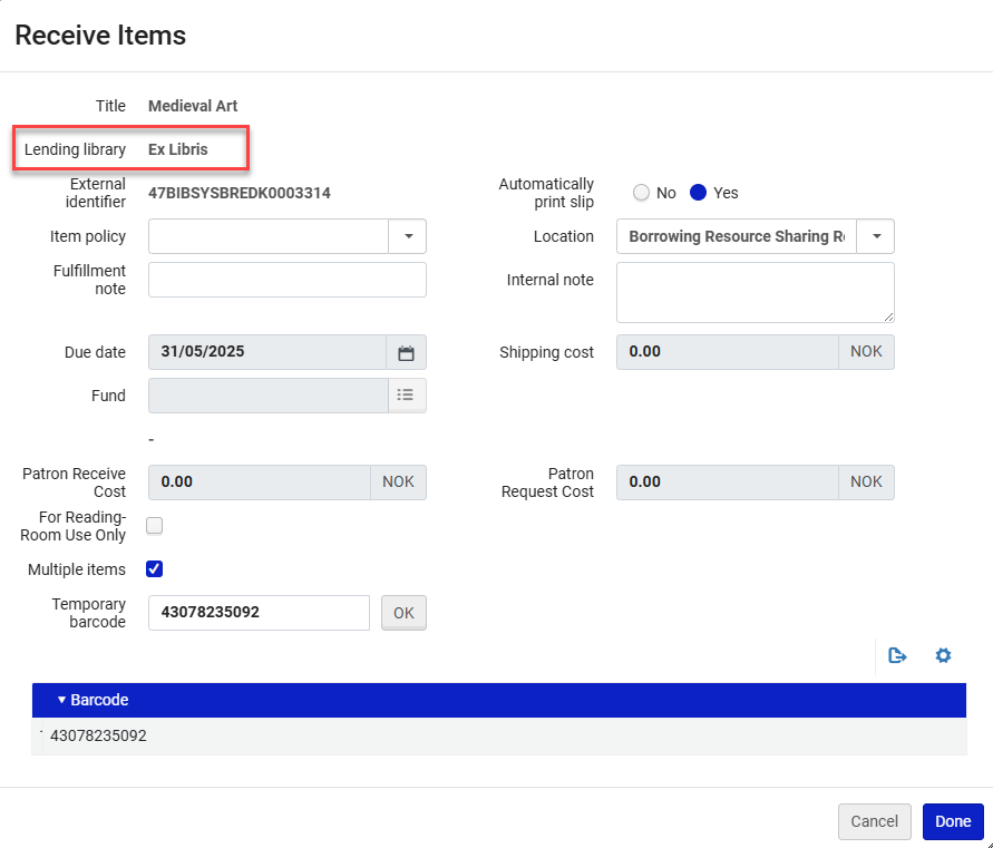 The Lending library in the Receive Items page.