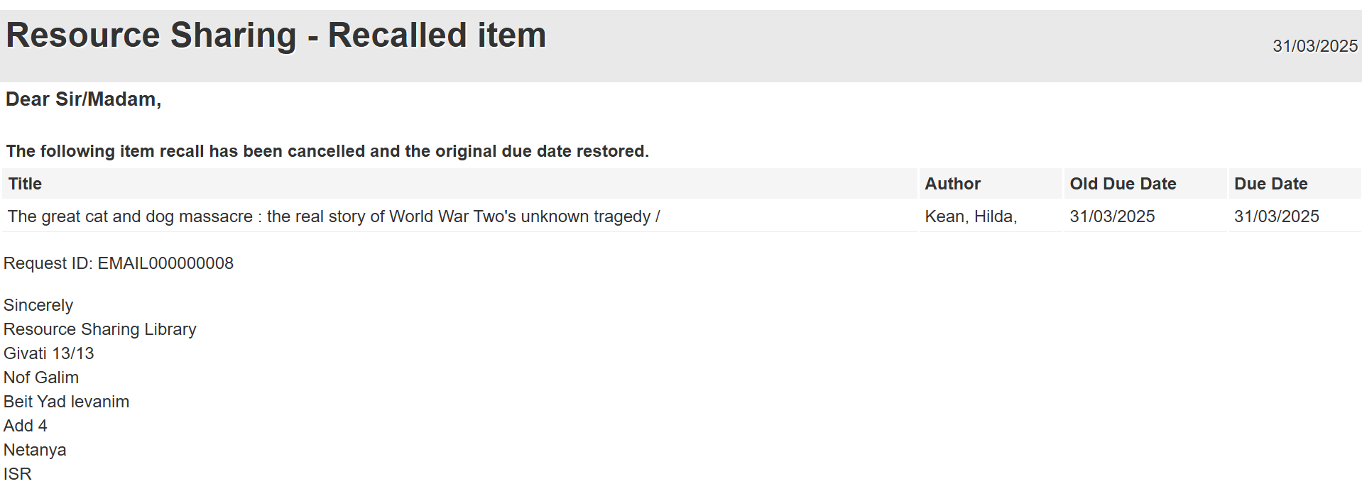 The resource sharing recalled item letter.