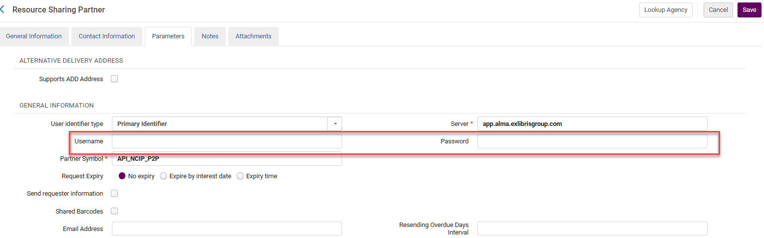 The username and password fields for authentication.