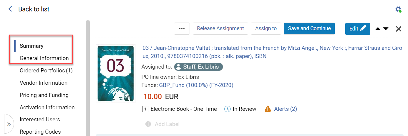 The Summary and the General Information sections.