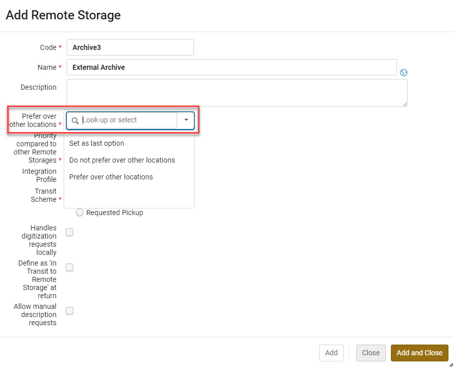 The Prefer over other locations dropdown list.