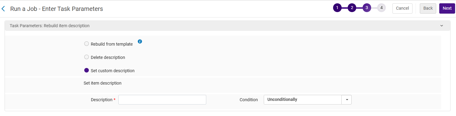 The Rebuild Physical item description job parameters.