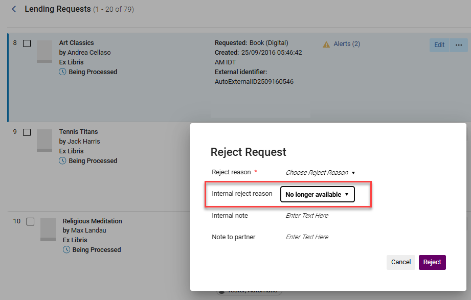 The Reject Request window.