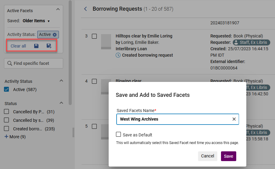 The save facets option in the resource sharing task list.