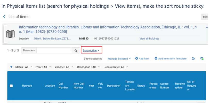 Persistent Sorting in the Physical Items List