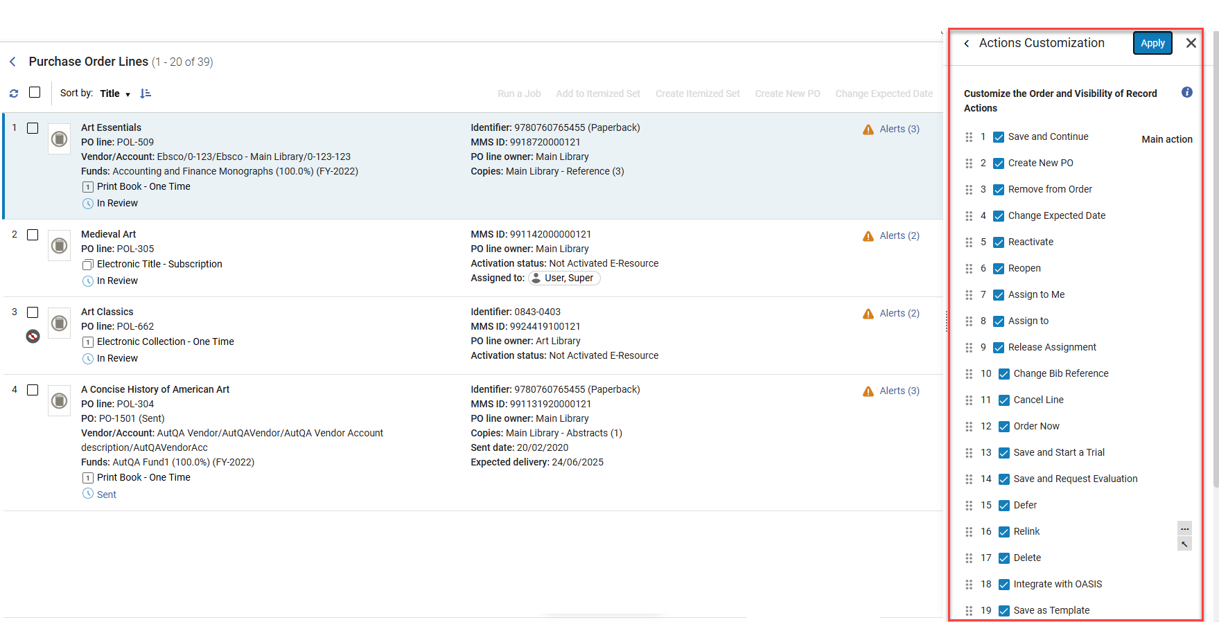 The list of actions to customize for acquisitions.