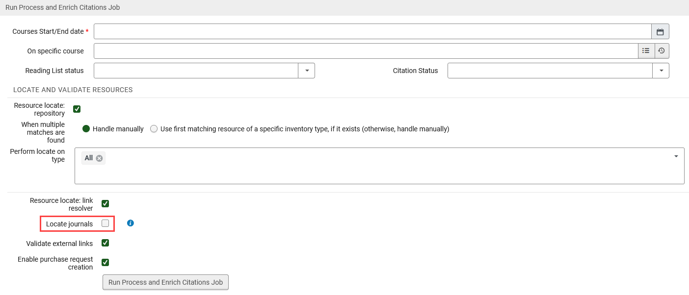 The new Locate journals checkbox in the Process and Enrich Citations job.