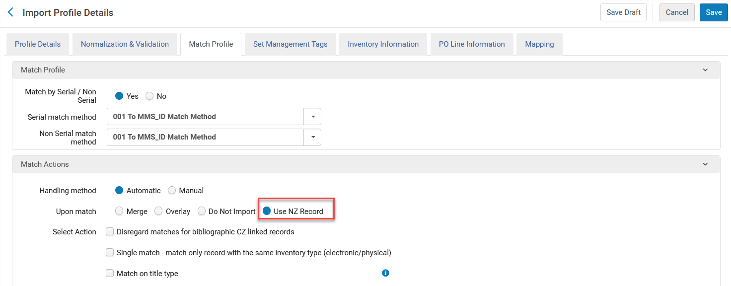 The  Use NZ Record and Use Existing Record options.