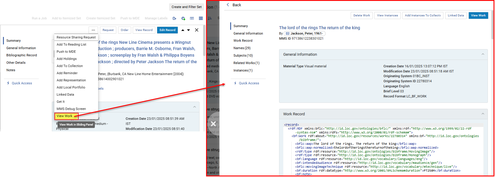 View Work Action in All Titles Search Results displaying the Work Instance in the Sliding Pane