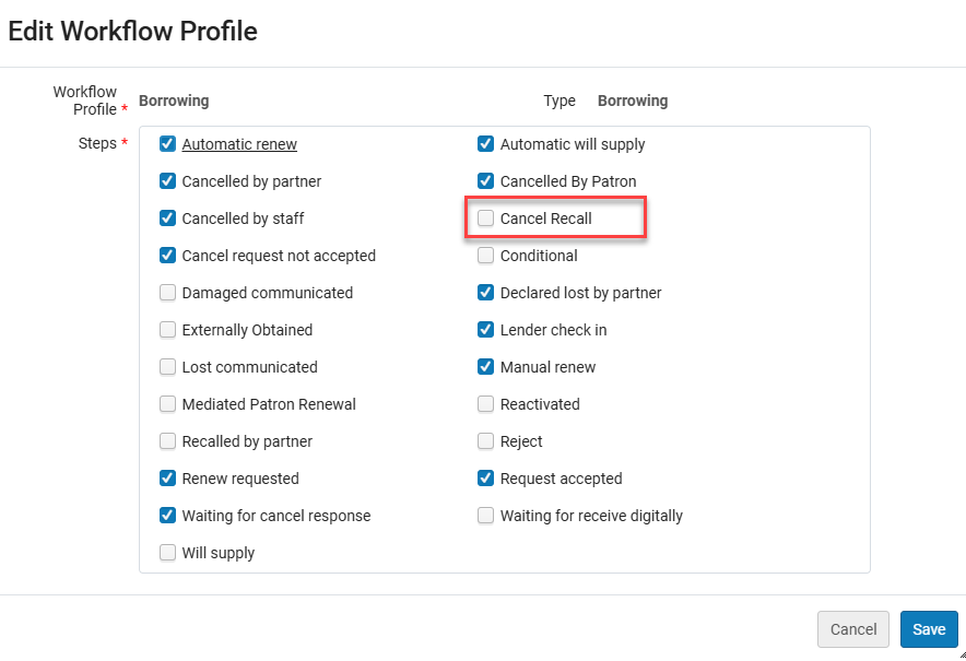 The cancel recall option for resource sharing.