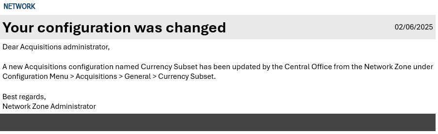 The letter sent after configuration was changed.