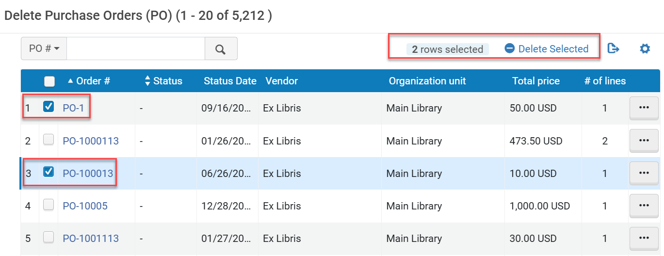 The Delete POs page.