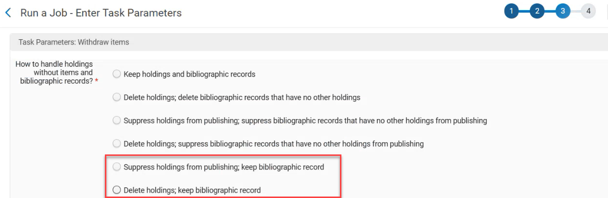 The job options for handling of deleting holdings.