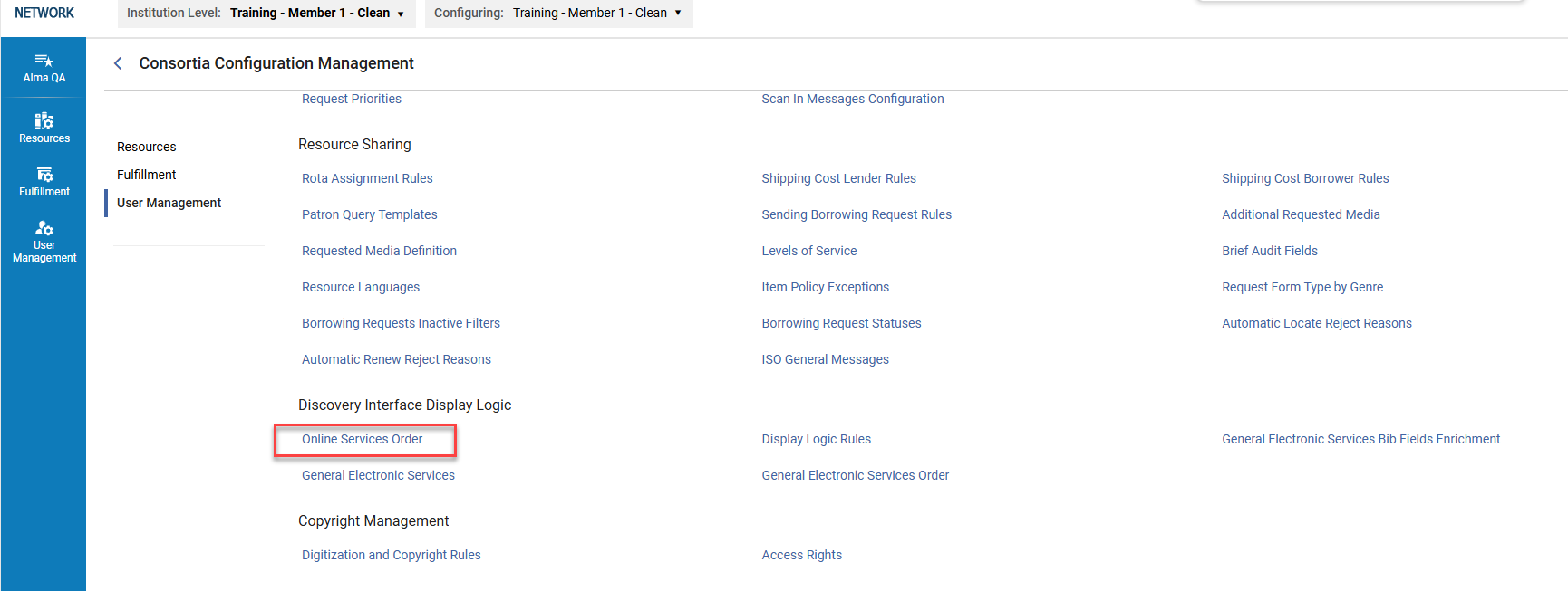 The Online Services Order link in the Consortia Configuration Dashboard in network level looking at member configuration.