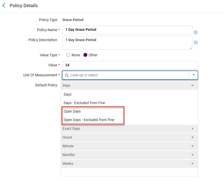 The Open Day options in the dropdown list.