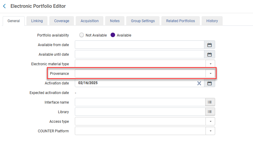 The Provenance drop down list on an existing portfolio.