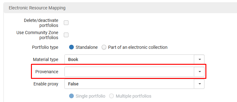 The Provenance drop down list on an import profile.