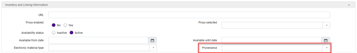 The Provenance drop down list on a new portfolio.