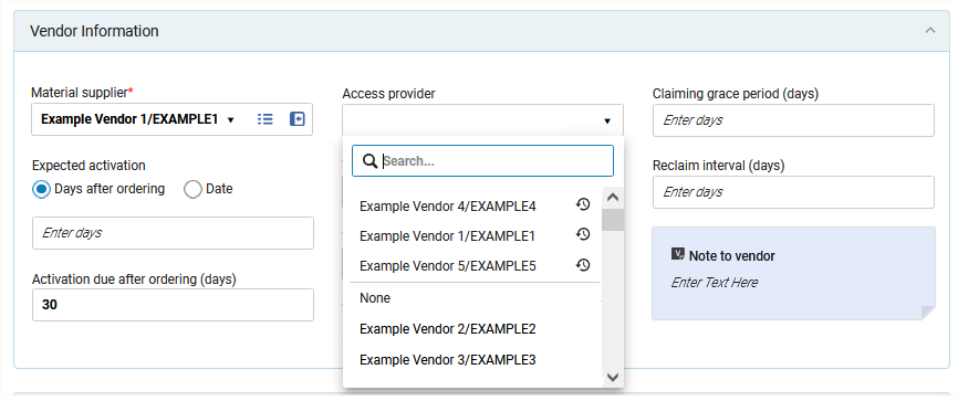 The recent selection list for the Access provider field.