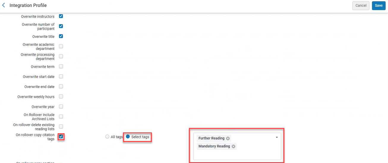 The option to select tags.