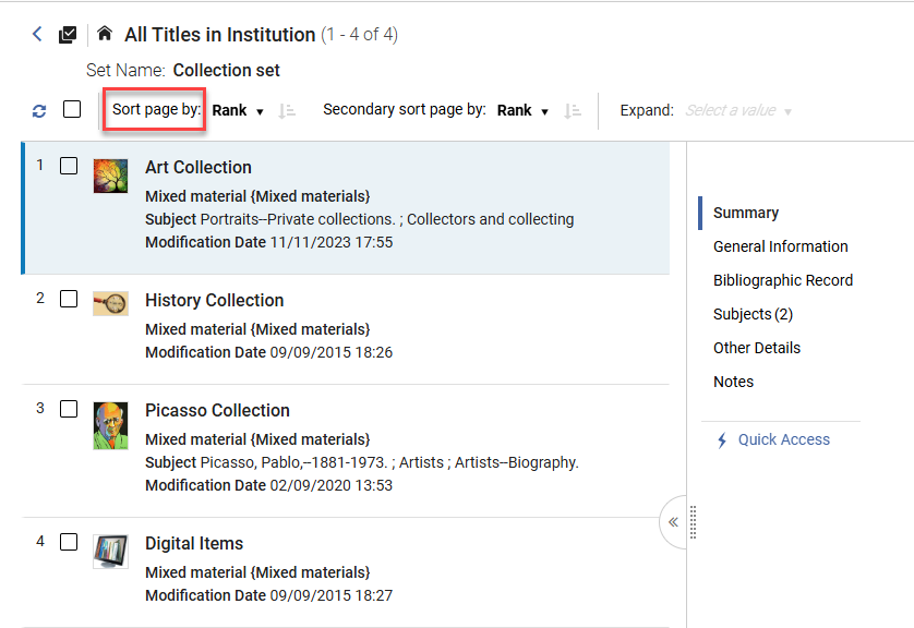 The option to sort page by for itemized sets.