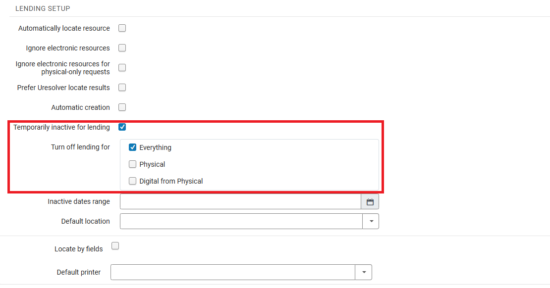 The "Temporarily inactive for lending" option on the Lending Setup page.