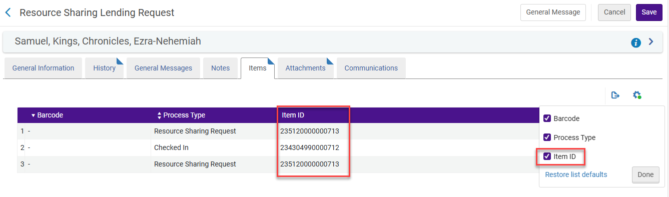 The Item Id column.