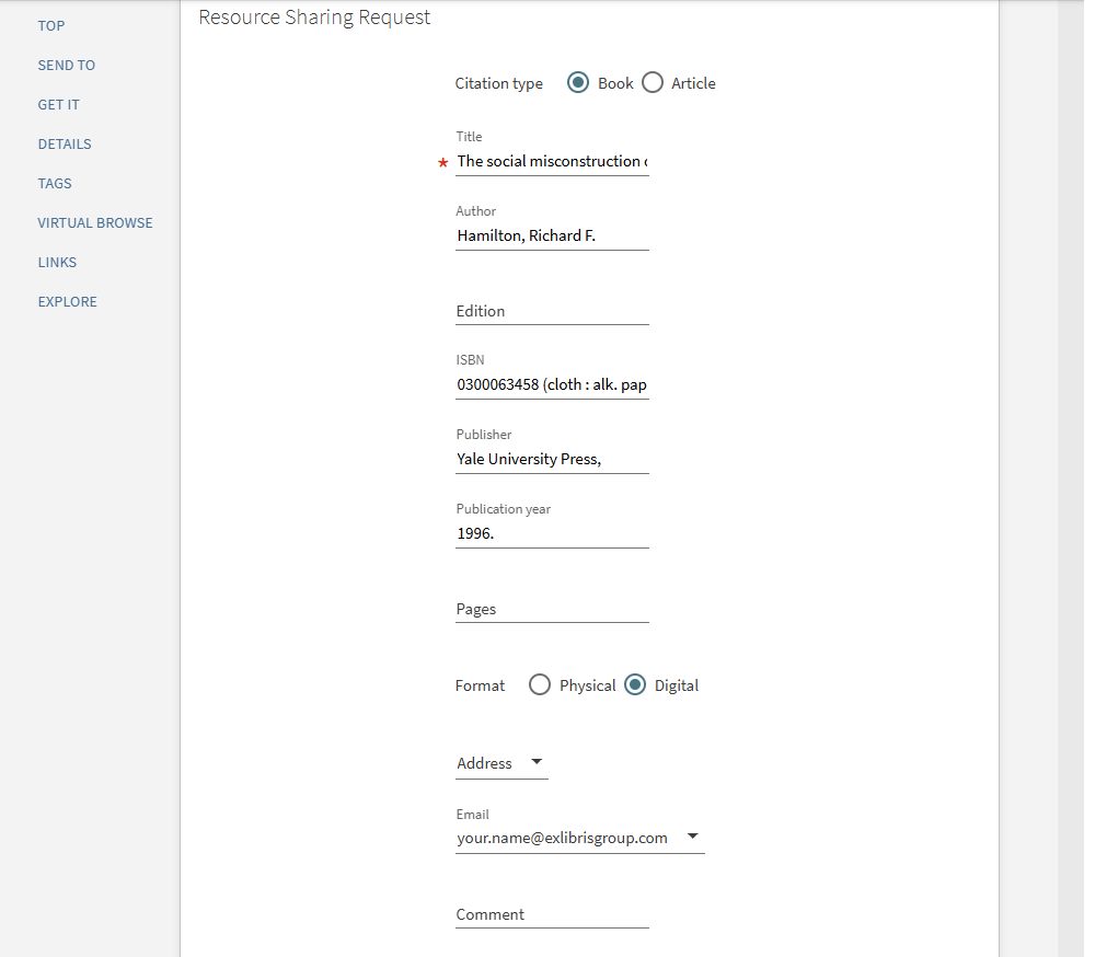 The Pickup location field removed from the resource sharing request.