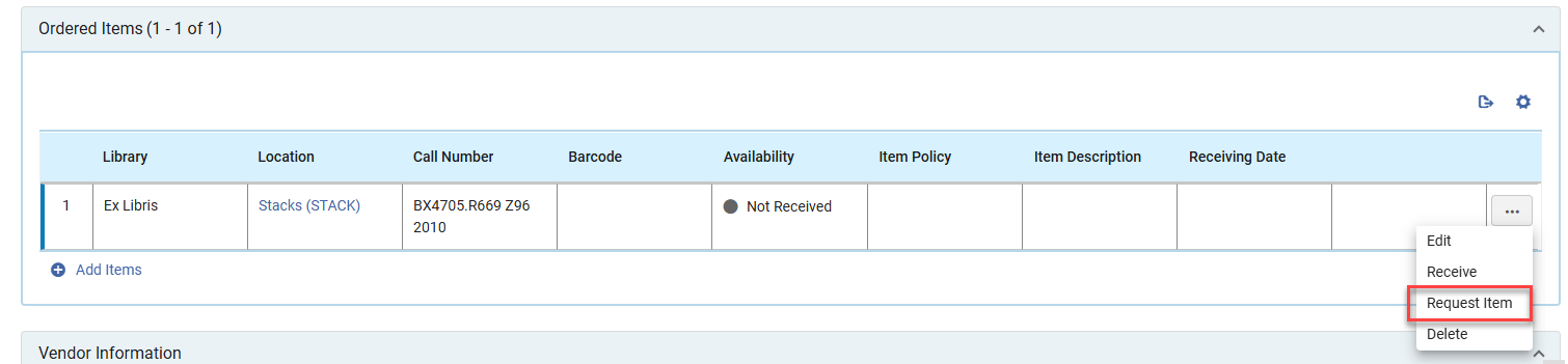The Request item action.