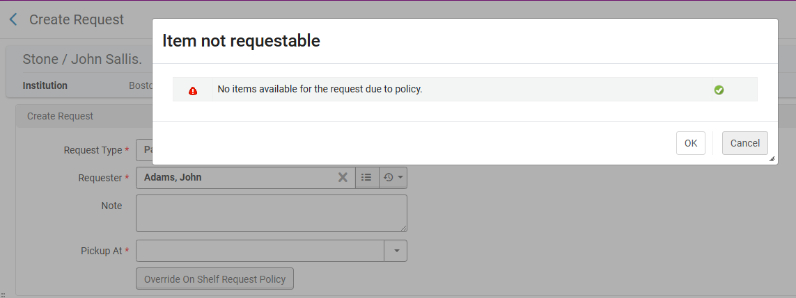 The pop-up without the override option.