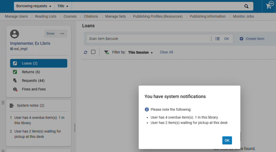 The pop up for system messages.