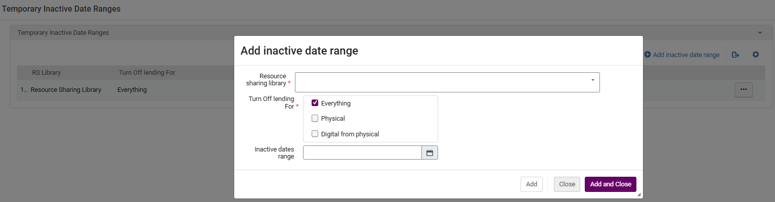 The temporarily inactive date ranges for a resource sharing library.