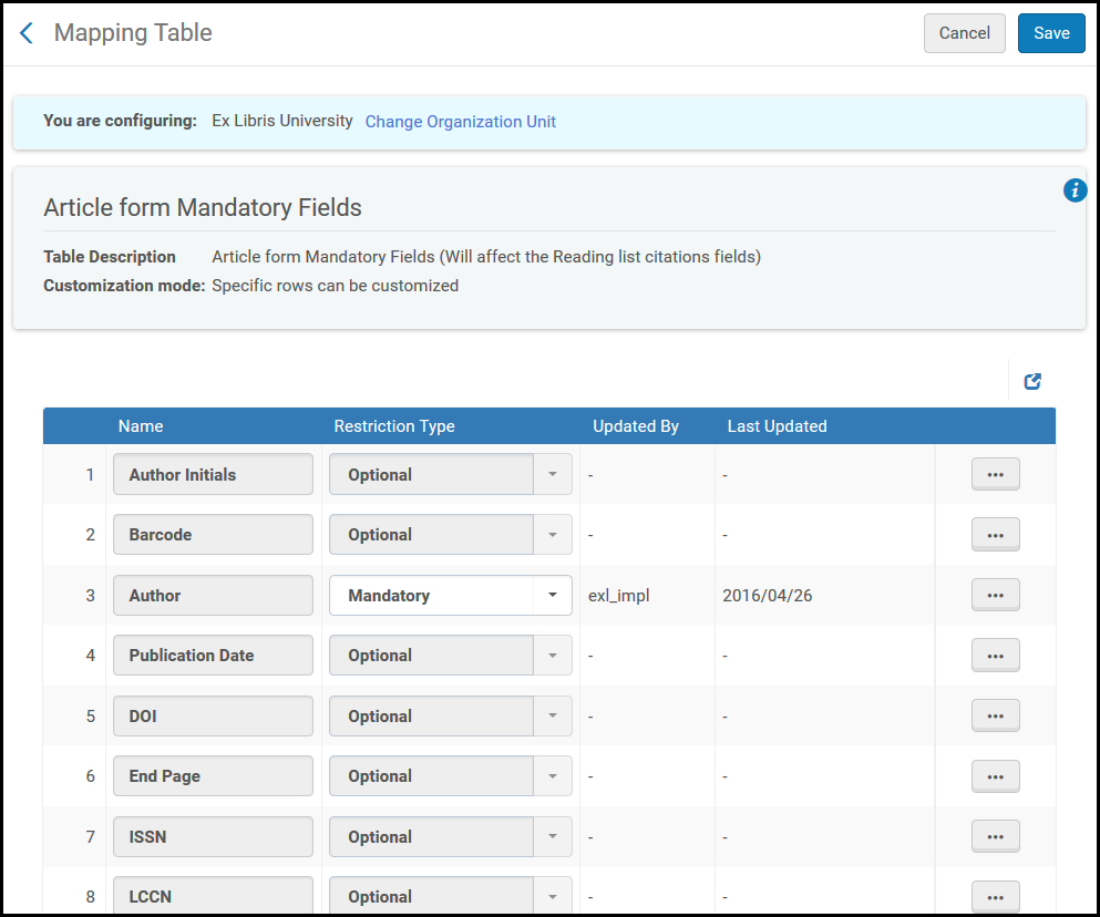 Mapping Table Page – Mandatory Fields