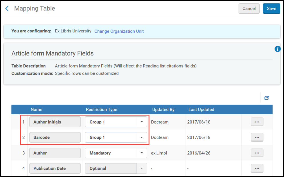 Mapping Table Page – Configuring Groups