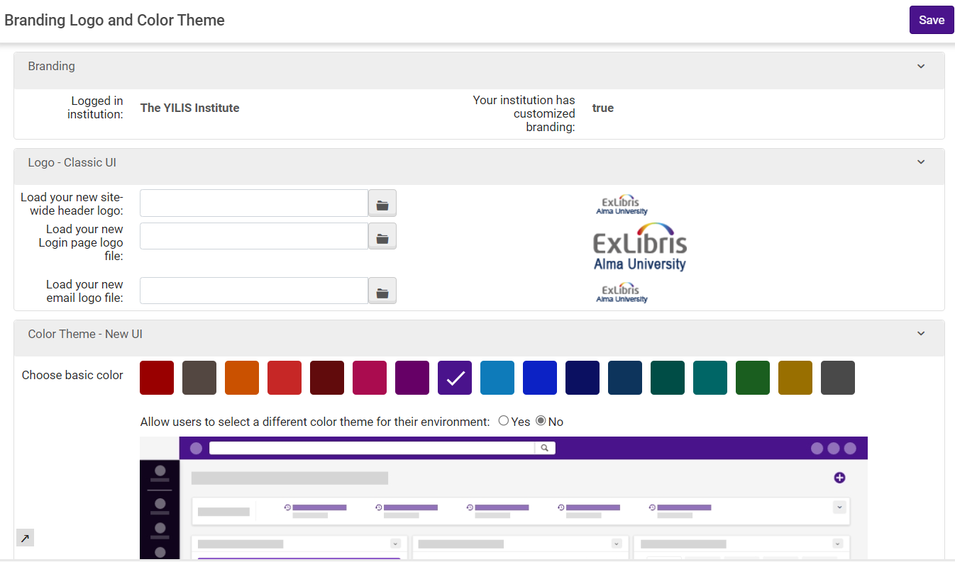 The branding logo and color theme page.