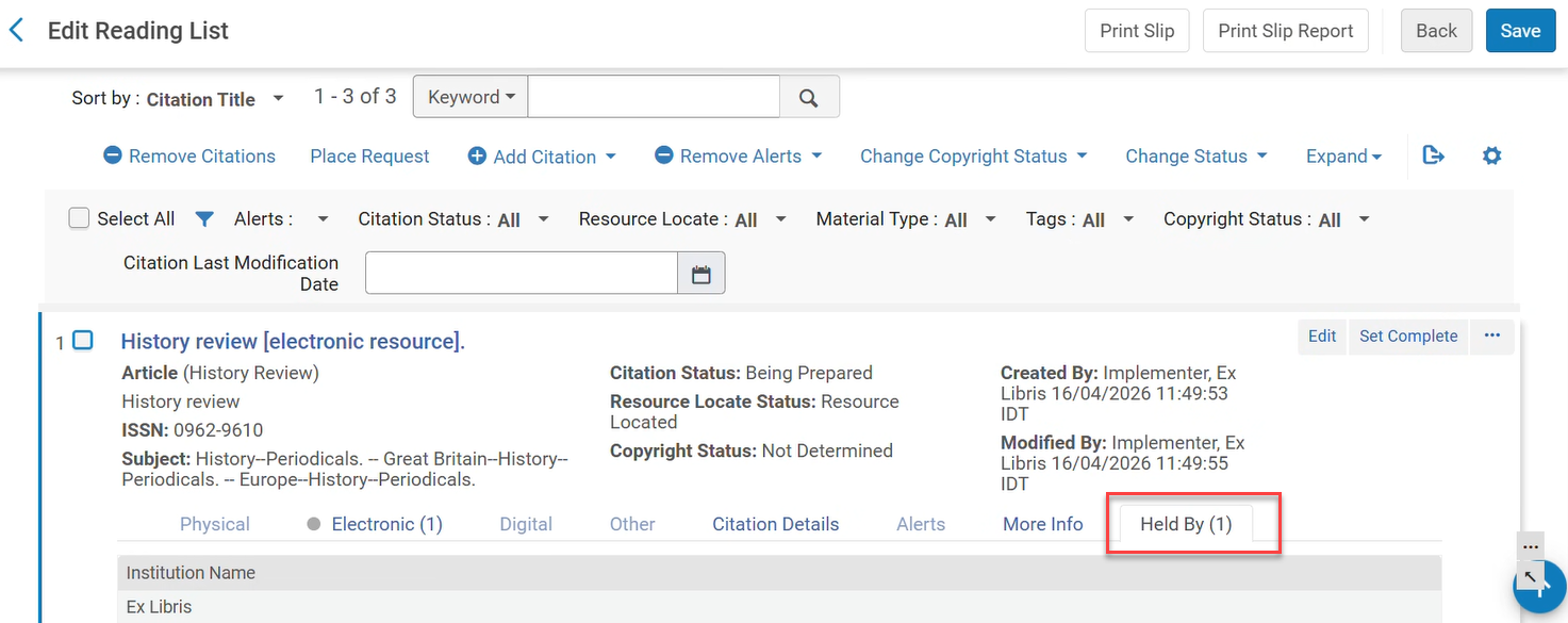 The citation Held By tab.
