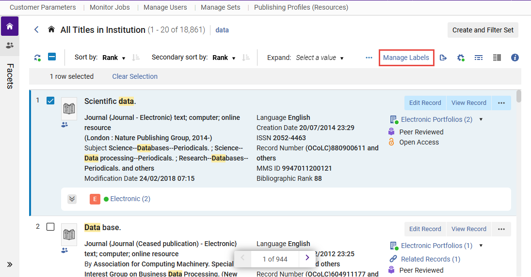 Manage Labels button enabled in Table View search results