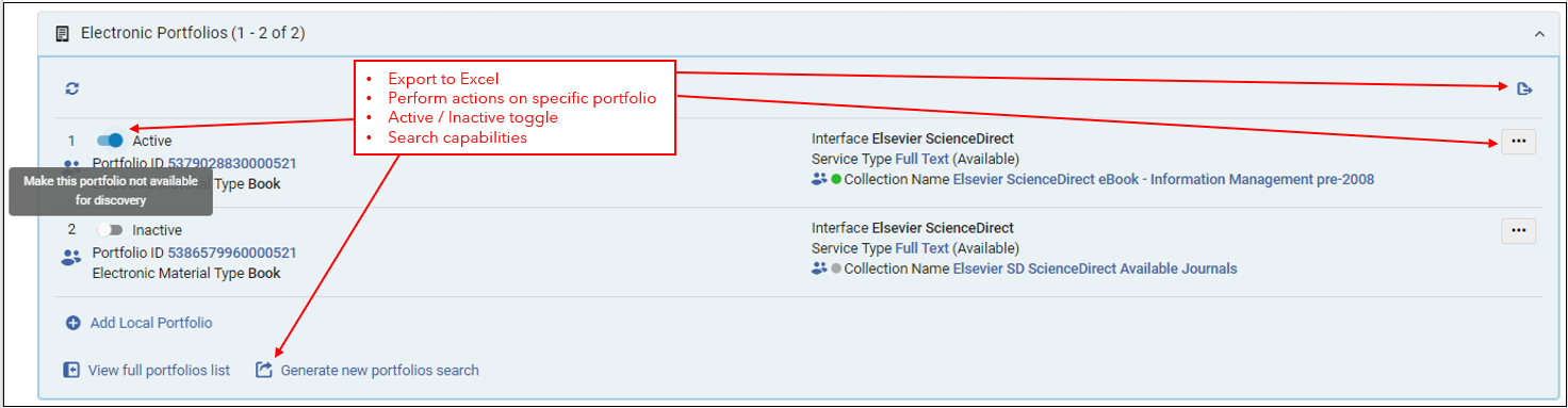 The option to Export, Generate Search and Actions capabilities - Electronic Portfolios Section.