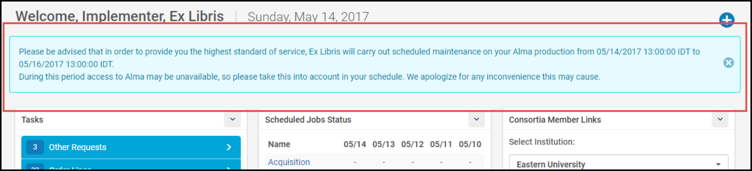 Home page with maintenance announcement highlighted.