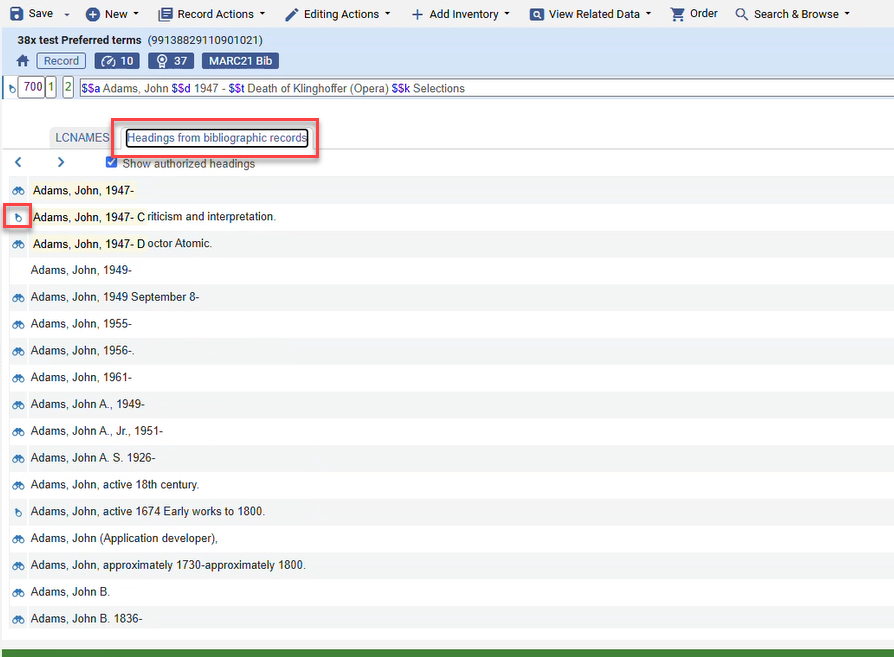 The partial linking indication in the Headings from bibliographics records.
