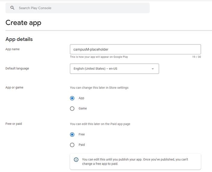The Create app parameters configuration.