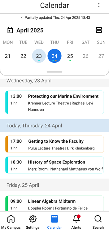 Calendar in Agenda view, showing the activities scheduled for a number of days at once.
