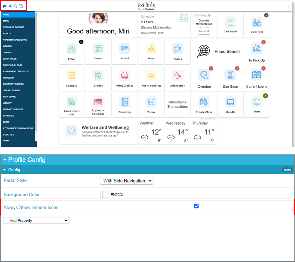The display Header Icons configuration screen.