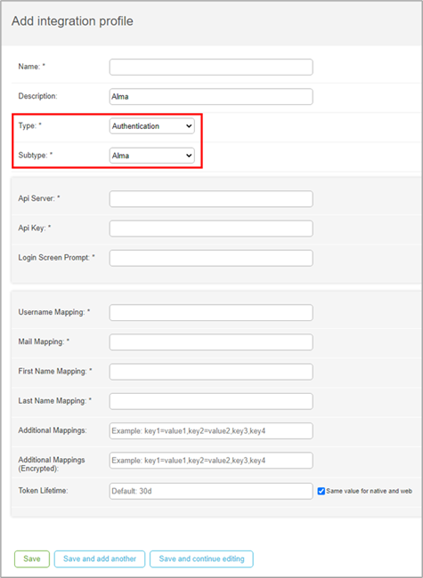 Integration profile settings.