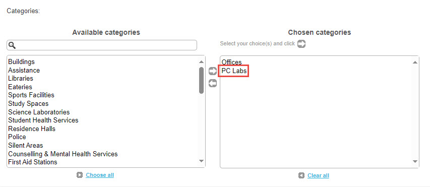 PC Availability Location Category selected for a map Position; the category appears under Chosen Categories.
